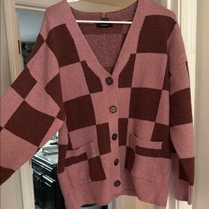 Forever 21 Pink and Brown Checkered Cardigan